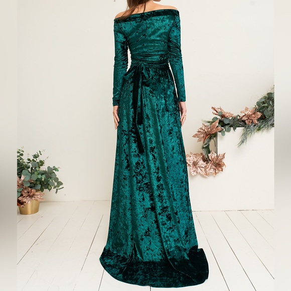 ❗️NEW❗️Dark Teal Off Shoulder Velvet Wrap Maxi Dress - Picture 5 of 16